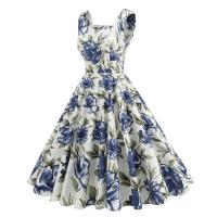 Vintage Spaghetti Straps ral Print Holiday Sin mangas Años 50 Fiesta en la playa Estilo Hepburn Verano Swing Flare Tea Vestido casual - details 11