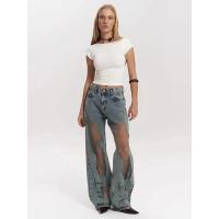 Jeans de cambio gradual de corte para mujer, jeans de tiro bajo con parche de malla, jeans retro sueltos de pierna ancha - details 2