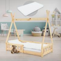 Cama Infantil Tipi Natural 70x140 cm Protección Antcaída Y Somier Estructura de Listones De Mara Maciza De Pino Juego de Cama Juvenil - details 0