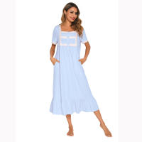 Pijamas para mujer, ropa de dormir con cuello cuadrado, camisón de manga corta, vestido mixto de encaje - details 4