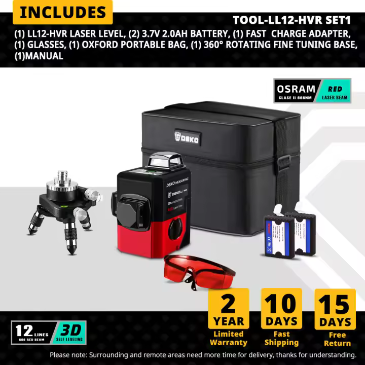 DEKO-Nivel láser 3D de 12 líneas, herramienta de nivelación hvg12, nivelado automático, 360 grados, cruce Horizontal y Vertical, potente, apto para exteriores, puede utilizarse con Detector - 1