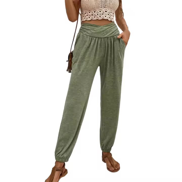 Pantalones caseros de cintura alta para mujer, ropa de moda para mujer, bolsillos sueltos informales - 1