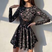 Vestido Mini de Túnica Impresa de Verano Cuello Largo Manga Larga Vestido para Mujeres con Detalles de Parche de Malla - details 10