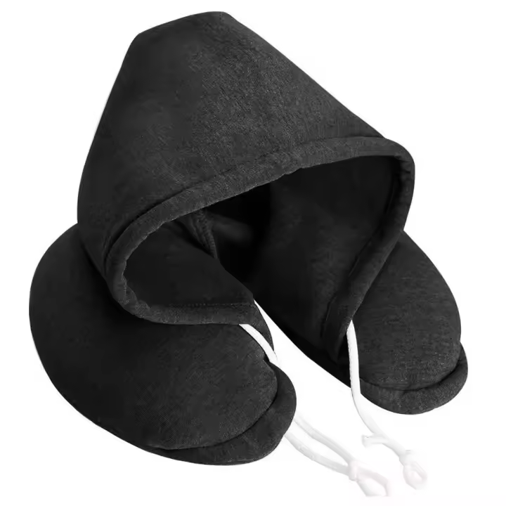 Almohada de avión en forma de U con sudadera con capucha, almohada de viaje suave y cómoda para el cuello con capucha - 1