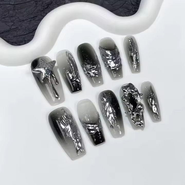 10 UDS parche de mariposa artificial líquido de metal negro punk gótico de imitación de uñas hecho a mano - 1