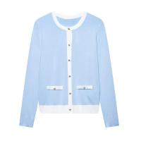 PB & ZA 2025 Chaqueta de punto de manga larga con cuello redondo y borde empalmado, cárdigan versátil informal sencillo con una hilera de botones para mujer - details 3