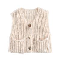 Chaleco de Punto sin Mangas de Moda Coreana para Mujer Cuello en V, Botón Azul, Bolsillos de Adelante, Rojo - details 9