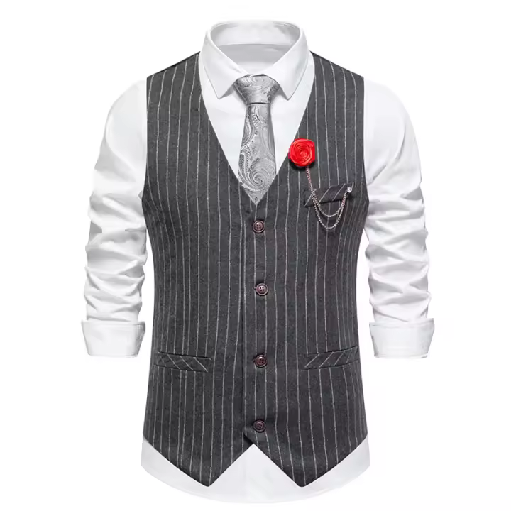 Recién llegado, chaleco Retro de Tweed para hombre, vestido a rayas a la moda, chaleco para traje, chaleco informal Vintage para caballero, accesorios de cadena - 1