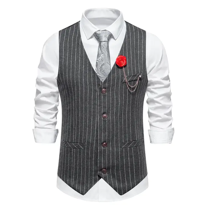 Recién llegado, chaleco Retro de Tweed para hombre, vestido a rayas a la moda, chaleco para traje, chaleco informal Vintage para caballero, accesorios de cadena - 1