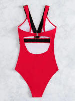 Traje de baño de bikini de un solo hombro de una sola pieza de color sólido de moda y sexy - details 3
