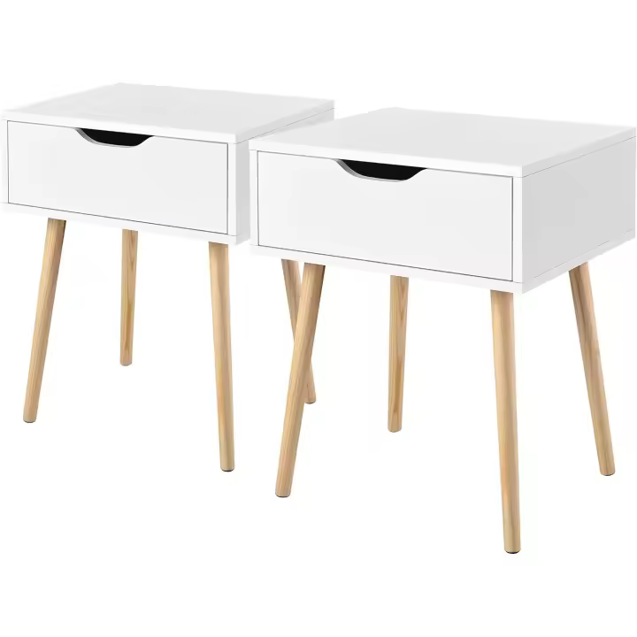 2 Piezas Mesitas de Noche Dormitorio Nórdico Mesitas de Noche Blancas con Patas de Madera Maciza Mesa Auxiliar con Cajón 48,5x41x57,5cm para Dormitorio Sala de Estar Salón - 1