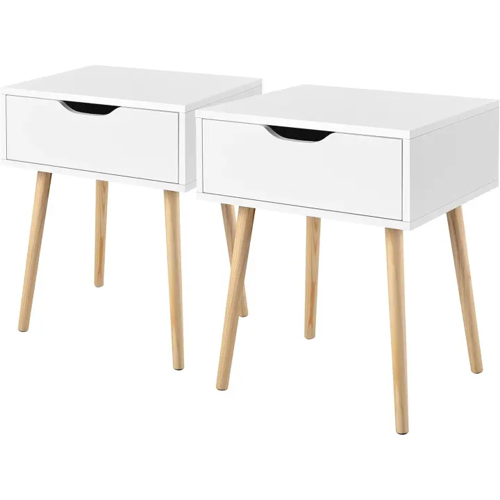 2 Piezas Mesitas de Noche Dormitorio Nórdico Mesitas de Noche Blancas con Patas de Madera Maciza Mesa Auxiliar con Cajón 48,5x41x57,5cm para Dormitorio Sala de Estar Salón - 1