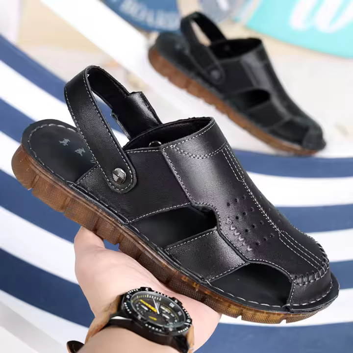Verano nuevos hombres de primera capa de cuero de vaca bolsa cabeza sandalias al aire libre casual zapatos de playa de cuero de los hombres transpirable plataforma zapatillas - 1