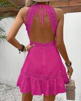 Moda corta elegante con cuello blanco para mujer, color sólido, ENE, empalme hueco, corte en A, mini vestido colgante, nuevo producto - details 9