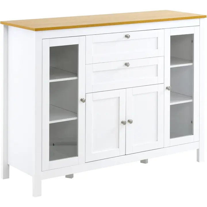 Aparador de cocina con armario, 2 cajones, 2 puertas de vidrio y estantes ajustables, mueble auxiliar de almacenamiento para comedor/sala, 120x40x90 cm, blanco. - 1