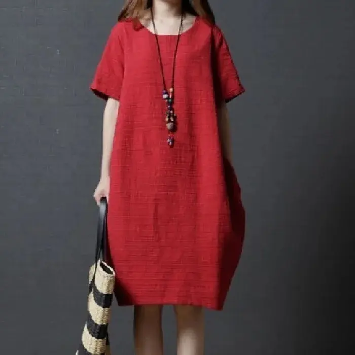 Novedad de verano, vestido holgado de talla grande para mujer, Color sólido, informal, adelgazante, algodón, lino, manga corta de longitud media - 1