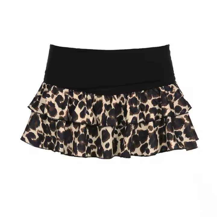 BUNO-minifalda Vintage con estampado de leopardo, faldas de capas de cintura baja, Color marrón contrastante, Fairycore, Grunge - 1