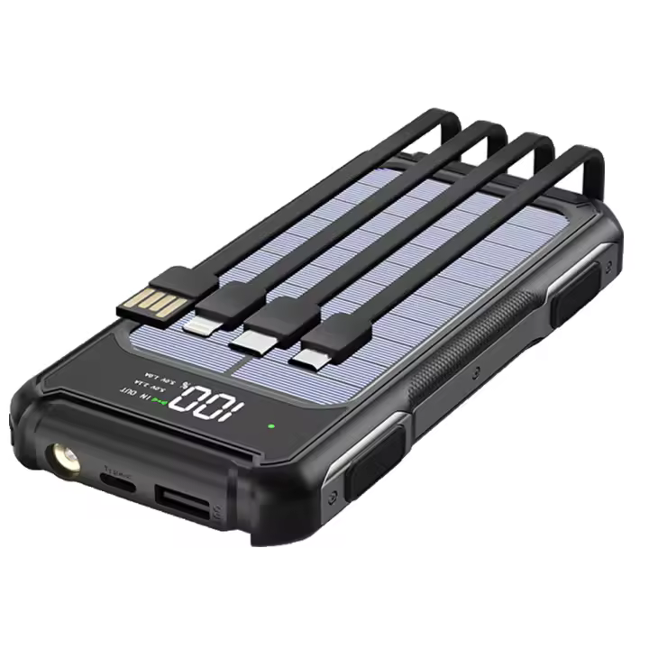 Banco de Energía Solar Universal de 10000 mAh con 4 cables, Carga Súper, USB TypeC, Luz LED, Banco de Energía para Exterior Xiaomi iPhone - 1