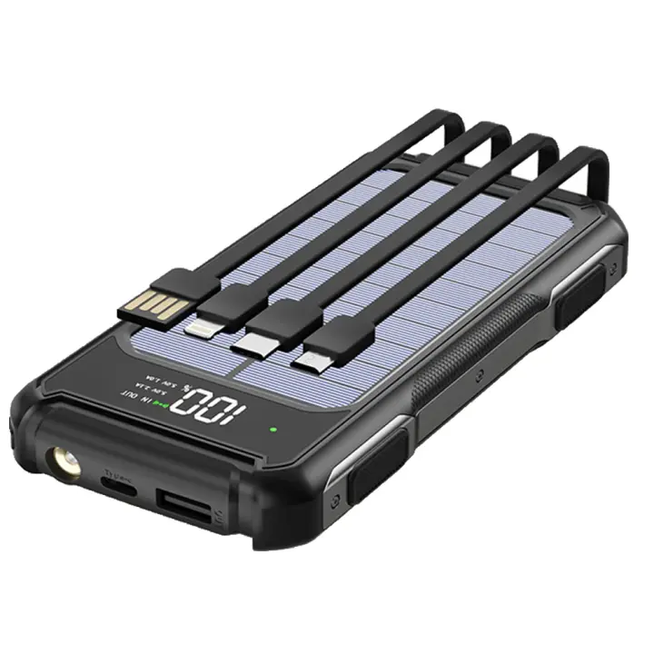 Banco de Energía Solar Universal de 10000 mAh con 4 cables, Carga Súper, USB TypeC, Luz LED, Banco de Energía para Exterior Xiaomi iPhone - 1