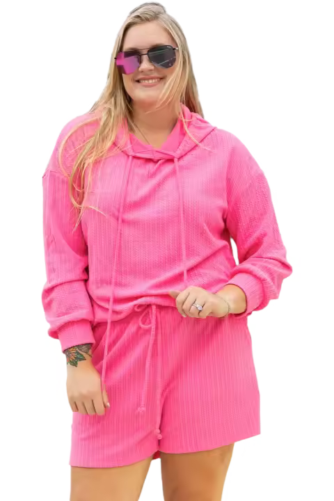 Conjunto de Hudgie y Shorts de Rosa Roja de Elrachen Talla Grande, Alta Elasticidad, Estilo Casual, Patrón Sólido - 1