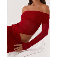 Vestido de Malla Corto con Hombros Descubiertos para Mujer Color Sólido, Ajuste en Forma de U, Manga Larga, Espalda Descubierta, Ideal para Fiestas - details 5