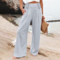 Pantalones largos sueltos de lino y algodón de pierna ancha para mujer con cintura elástica informal de primavera y verano - details 18