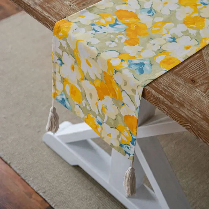 Camino de Mesa con Borlas Patrón de Flores Amarillo Decorativo Rectangulares Estilo Bohemio Comedor Hogar Boda Cocina - 1