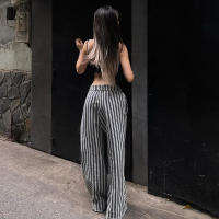 BUNO-Pantalones de encaje a rayas para mujer, Pantalones rectos de pierna ancha con cintura elástica y cordón, ropa de calle holgada para primavera y verano, pantalones de chándal informales - details 40