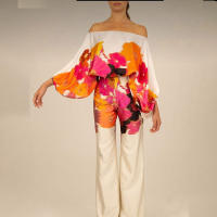Conjunto de duas peças para mulher, top e calças estampados, cor de laranja, floral rosa, mangas batwing, calças de cintura larga, conjunto na moda - details 0
