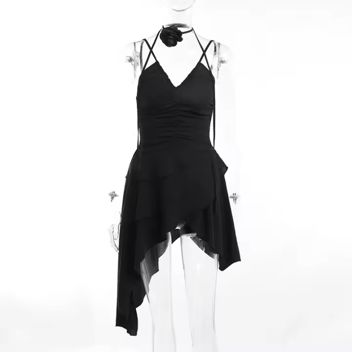 Vestido de tirantes con cuello en v plisado encogido, nuevo diseño de nicho de verano falda dulce y fresca YL23309GN - 1