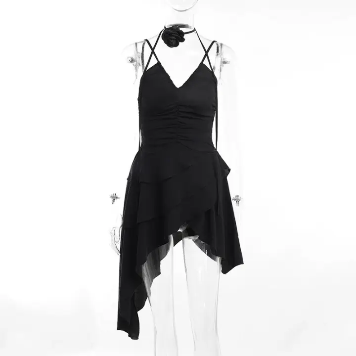 Vestido de tirantes con cuello en v plisado encogido, nuevo diseño de nicho de verano falda dulce y fresca YL23309GN - 1