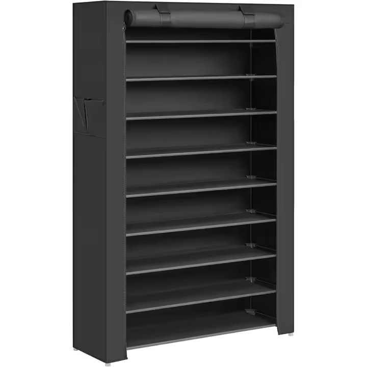 Zapatero, 10 Niveles, Zapatero de Entrada 28 x 88 x 160 cm con Cubierta de Tela, Delgado, Marco de Metal, Negro RXJ36HV1 - 1