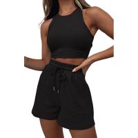 Conjunto de dos piezas de verano para mujer, chaleco sin mangas de color sólido con textura gofre y pantalones cortos casuales de moda. - details 25