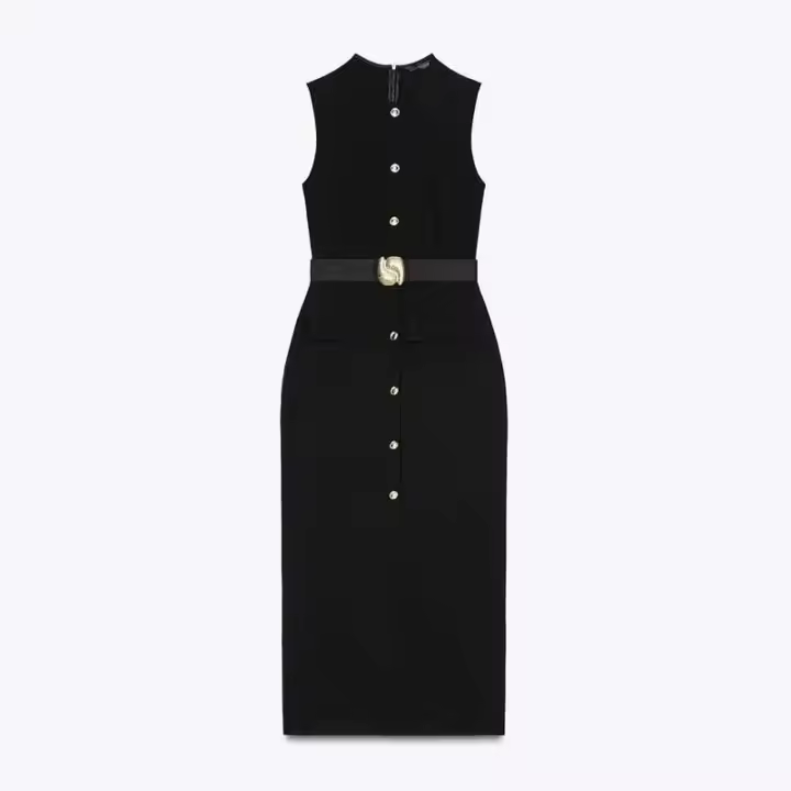 Vestidos elegantes lisos de un solo pecho con cuello redondo sin mangas y bolsillos vestido a media pierna ajustado para oficina para mujer verano 2025 - 1
