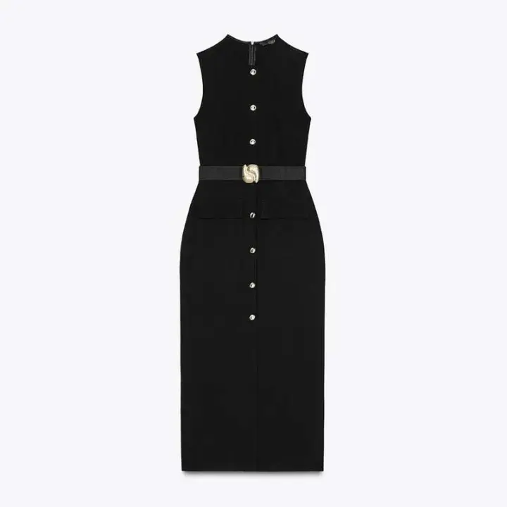 Vestidos elegantes lisos de un solo pecho con cuello redondo sin mangas y bolsillos vestido a media pierna ajustado para oficina para mujer verano 2025 - 1