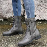 Botines de punta redonda con cordones para mujer, botas militares de combate de tacón bajo de media pantorrilla, botines de equitación - details 9