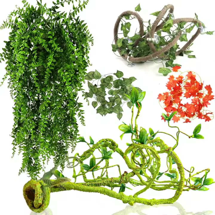 Plantas de vides de reptiles para terrario, rama de escalada de jungla Flexible con hojas, decoración de tanque - 1