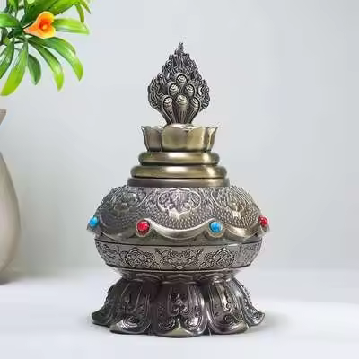 Productos étnicos tibetanos, chapados en oro y pintados con ocho flores de loto auspiciosas, tesoro de Mani, Dios de la riqueza, aleación - 1