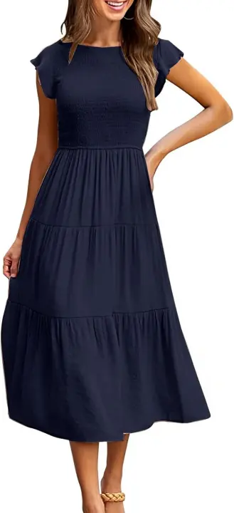 Vestido Largo de Verano Elegante Manga Volante, Cuello Redondo, Untilo a la Rodilla - 1
