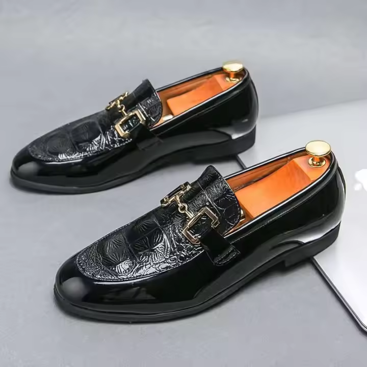 Zapatos de vestir negros para hombre, conducción plana cómoda, oficina de negocios, hebilla de metal, zapatos casuales de cuero con patrón de cocodrilo - 1