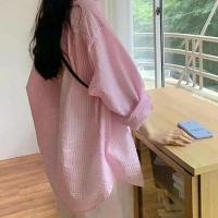 Camisa coreana para mujer, camisa de manga larga con protección solar, holgada, informal, de un solo pecho, con cuello vuelto a cuadros, de verano - details 5