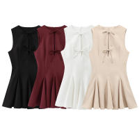 Elegante Vestido de Fiesta de Noche de Primavera BUNO Hembra Ancha Ondulada, Lazo, Color Sólido, Sin Mangas, Cuello Redondo - details 1