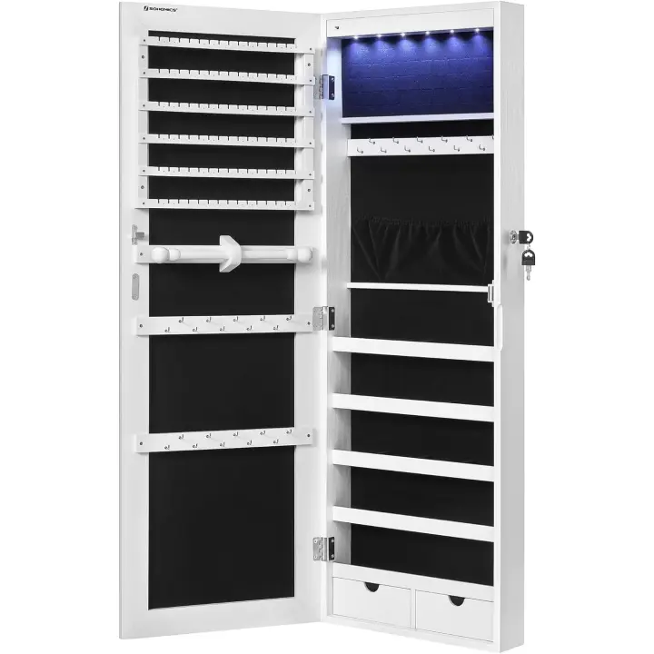 Espejo Joyero de Pared, Espejo Joyero Colgante sin Marco, Armario de Joyas con 6 LED para Colgar en la Pared o en la Puerta, Gran Capacidad con 2 Cajones, Blanco JJC99WT - 1