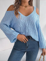 Jersey con cuello en V para mujer, manga farol, Color sólido, torceduras de masa frita, suéter informal suelto, Tops de moda, otoño e invierno, 2023 - details 11