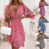 Jersey con cintura, vestido de mujer con estampado bohemio de manga corta y flores fragmentadas de longitud media, 6 colores - details 1