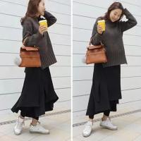 Falda de pantalones de cintura alta, cintura elástica, mallas gruesas, falda larga falsa de dos piezas con forro polar para mujer - details 2