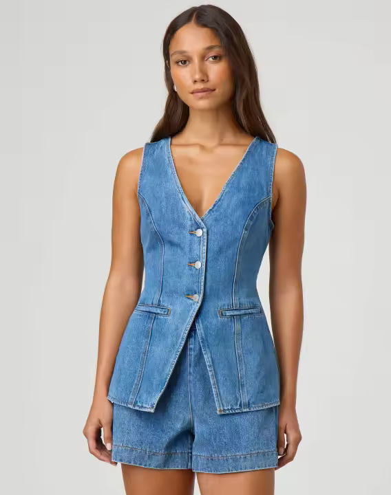 Traje de pantalones cortos de mezclilla para mujer, sin mangas, cuello en V, Top dividido con una hilera de botones, chaleco, pantalones cortos de pierna ancha de cintura alta, conjuntos para mujer 2025 - 1