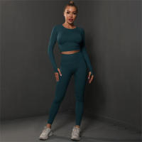 Conjuntos de gimnasio para mujeres 2 piezas manga larga ropa de yoga top cropped costilla alta leggings sin costuras material elástico para primavera/verano - details 20