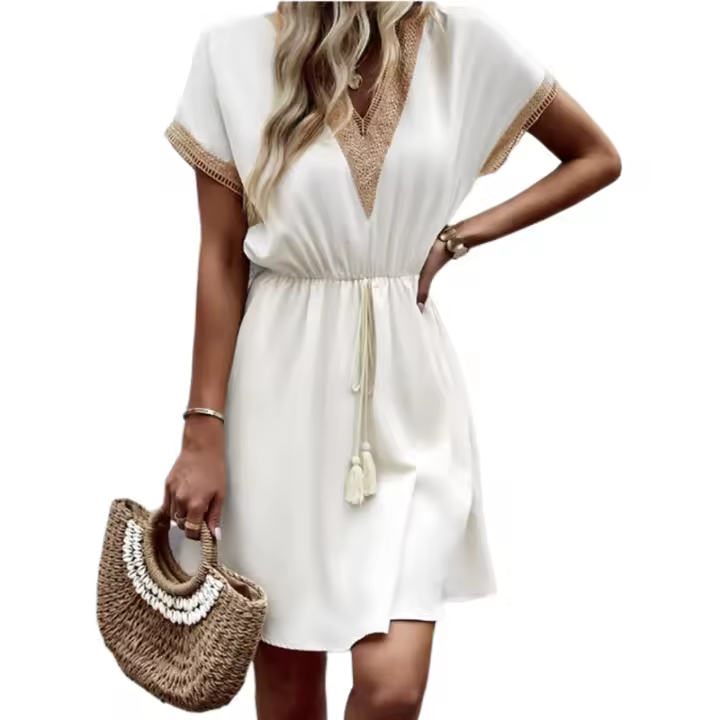 Vestido MIDI de manga corta estampado para mujer, elegante vestido casual de verano con cuello de pico - 1