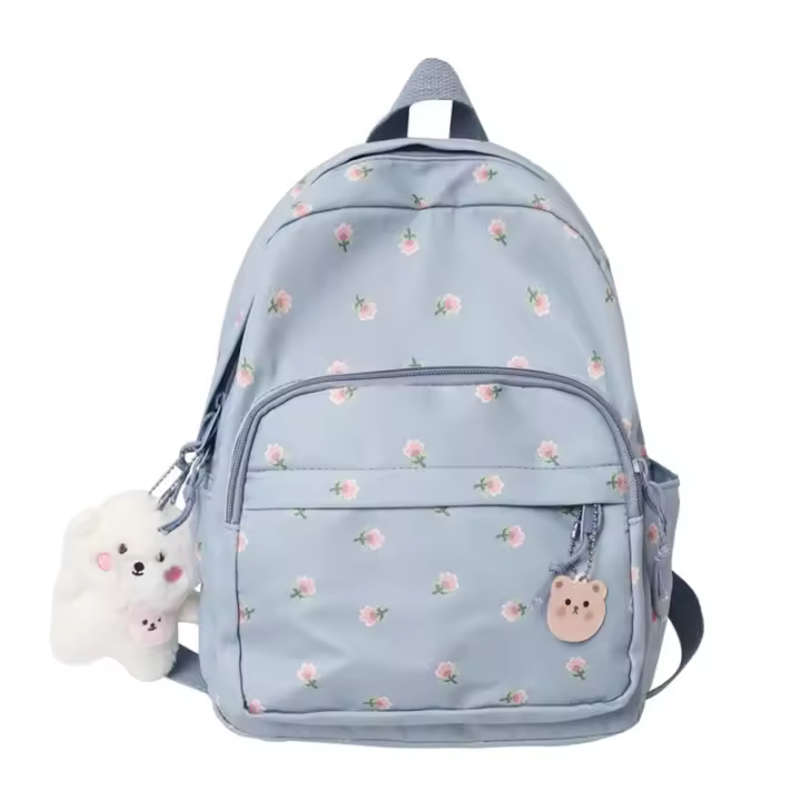 28GD Small Nylon Women Backpacks Casual Lightweight Daypack Anti-Theft Bookbag with Cute Plush Bear Charm for Girls - 1